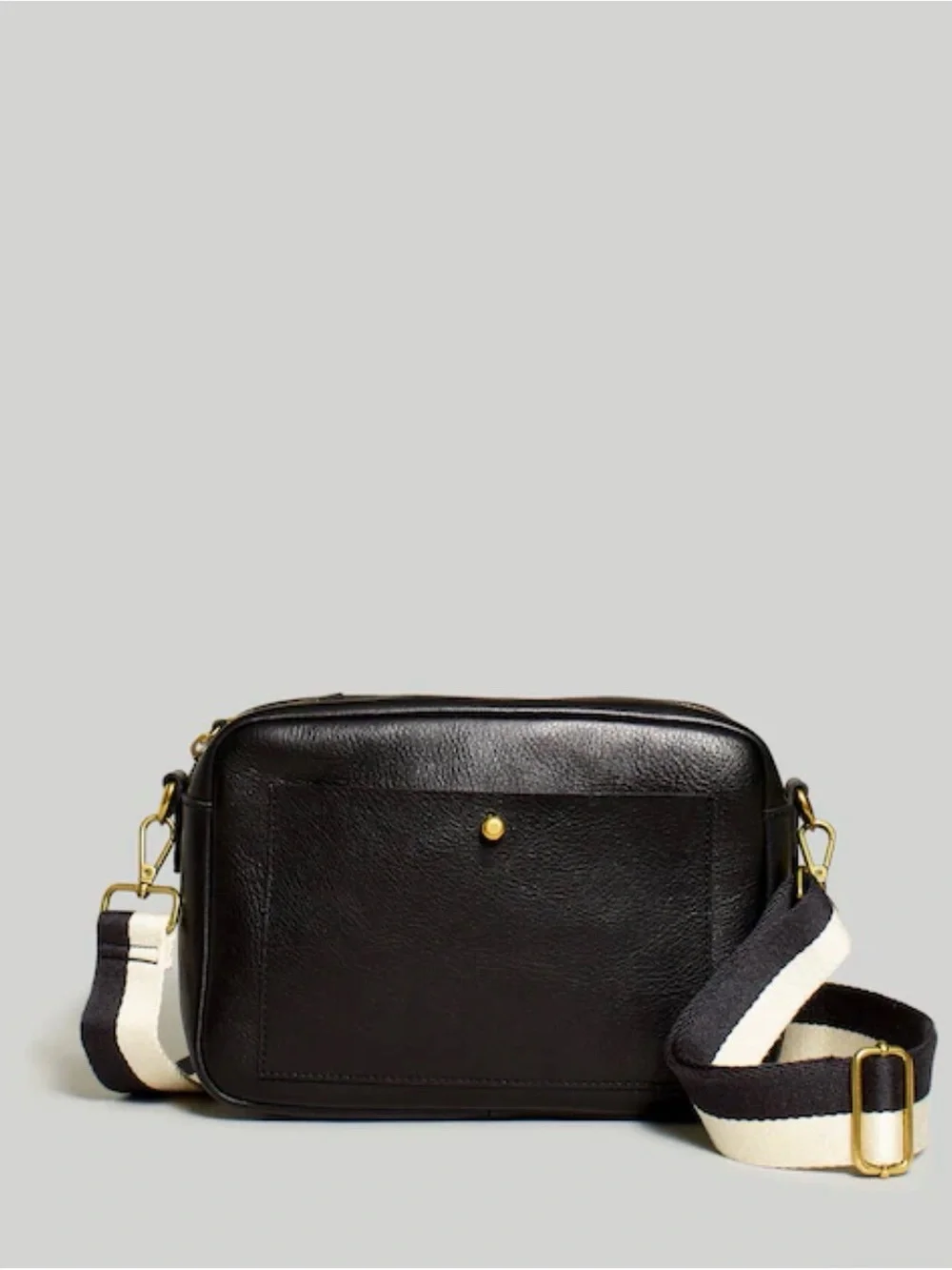 Madewell Black Transport Bag with Black-and-Cream Striped Strap